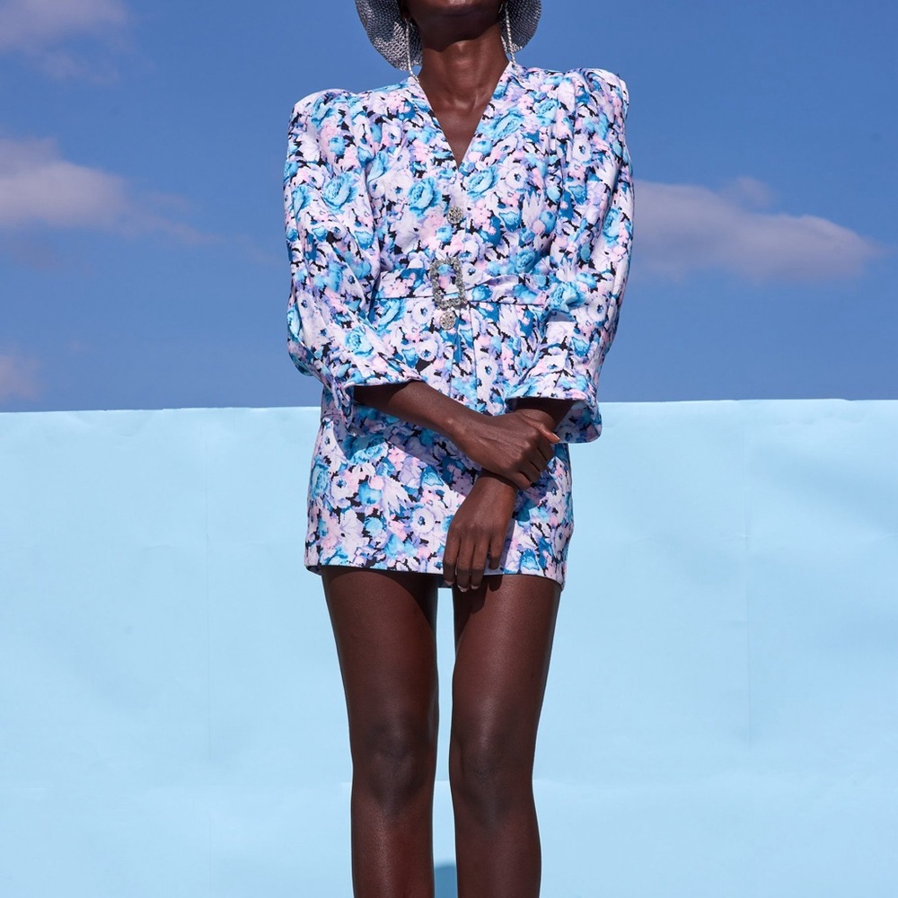 ASOS floral print blazer & skirt set with exaggerated sleeve with jazzy button
